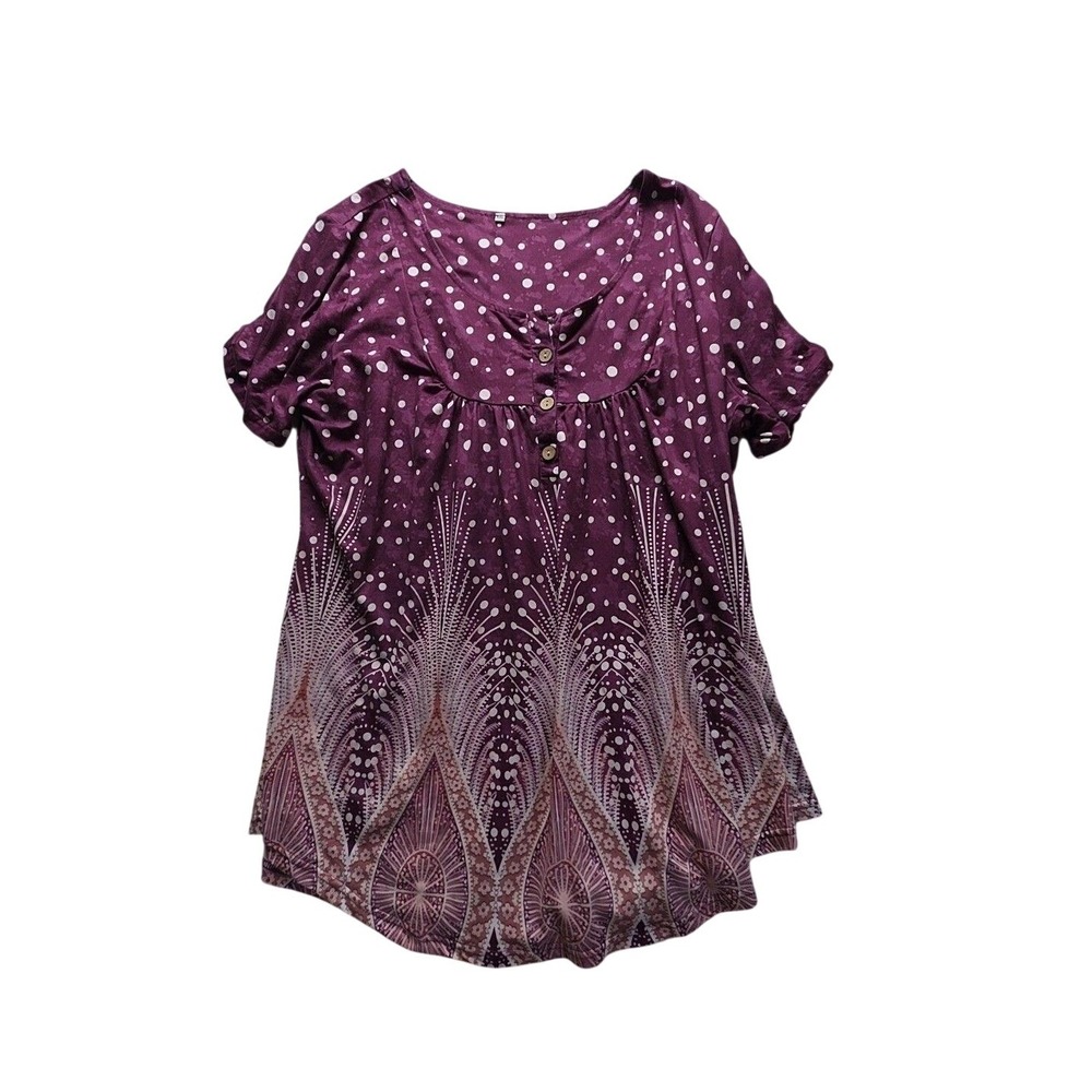 Blouse Womens XXL Purple Scoop Neck Short Sleeve Polka Dot Print Tunic Top